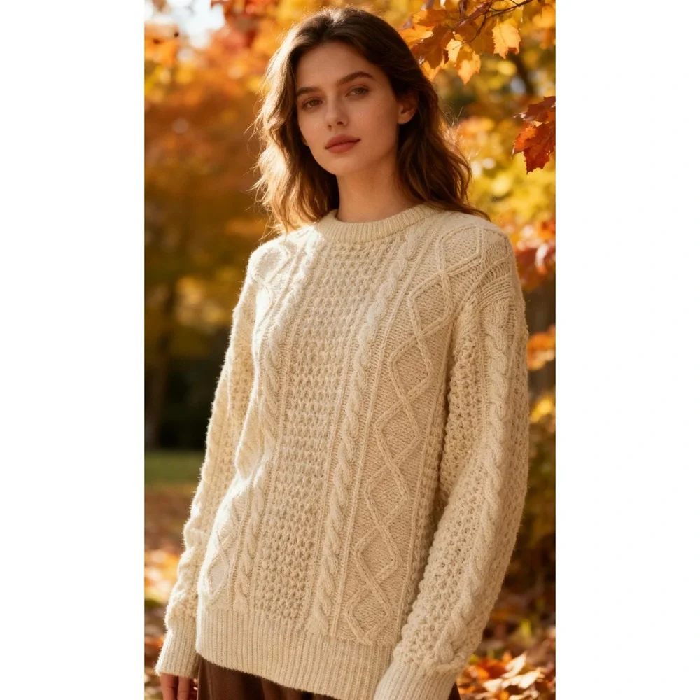 Finalist Vintage Cream Cable Knit Linen Cotton Blend Fisherman's Sweater NWT M